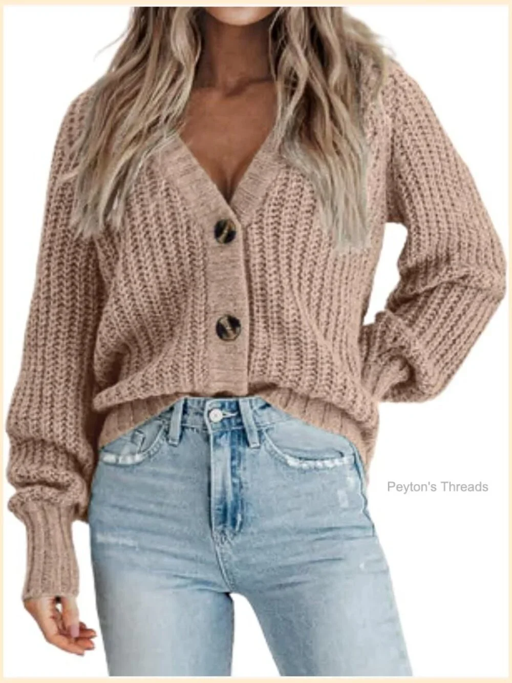 Chunky Knit Cardigan Open Front V Neck Button Sweater